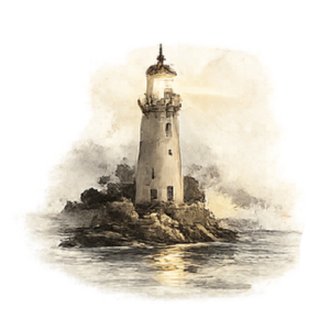Lighthouse shining across a dark sea, symbolizing hope and guidance through the journey of words.