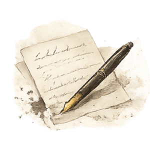 Handwritten letters and a fountain pen resting on parchment, symbolizing the creation of poems and songs.