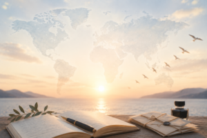 Open journal, fountain pen, and letters overlooking a peaceful sea at sunrise, symbolizing poetry, language, and connection across the world.