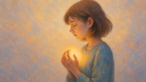 A young girl holding a glowing light close to her heart, symbolizing hope, healing, and inner strength.