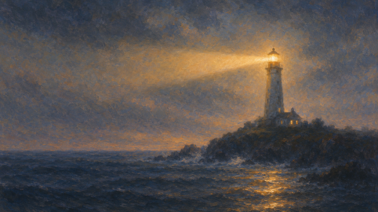A lighthouse standing above a dark sea, casting a warm light across the water and symbolizing hope, guidance, and resilience.