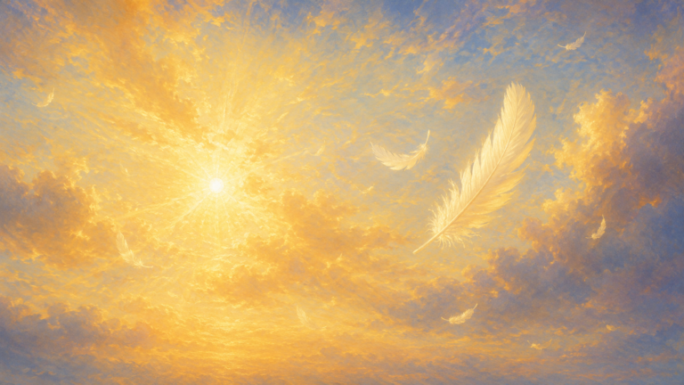 Golden light breaking through the clouds as white feathers drift across the sky, symbolizing hope, remembrance, and enduring love.