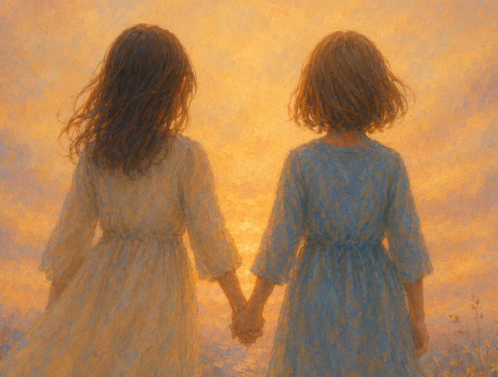 Two girls holding hands and walking together toward a warm light, symbolizing connection, hope, and shared journeys.