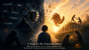 Illustration symbolizing online words that can either hurt or heal, inspired by the song A Song for the Unnamed Justice by One Poem Project.