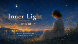 A young woman sits quietly by the water under a starry night sky, surrounded by soft wildflowers and distant lights reflecting across the water.