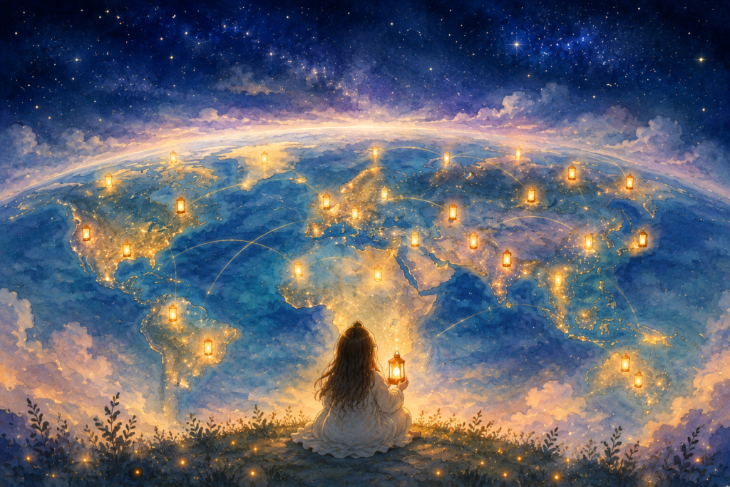 A watercolor illustration of glowing lanterns connecting the world, symbolizing hope, poetry, and human connection through One Poem Project.