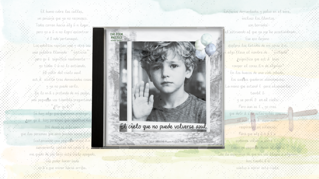 Album cover illustration for Sky That Cannot Turn Blue by One Poem Project – Words Travel, featuring a child looking through a broken window toward a hidden blue sky, symbolizing hope beyond war and loss.