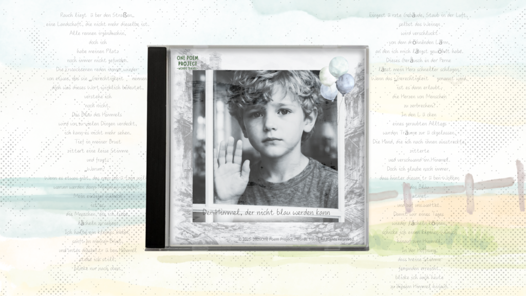 Album cover illustration for Sky That Cannot Turn Blue by One Poem Project – Words Travel, featuring a child looking through a broken window toward a hidden blue sky, symbolizing hope beyond war and loss.