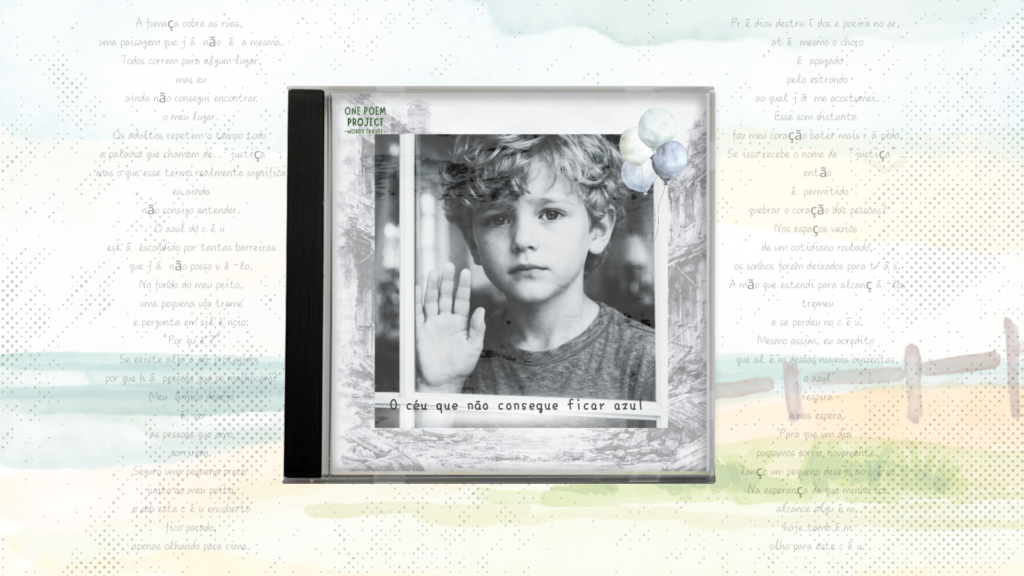 Album cover illustration for Sky That Cannot Turn Blue by One Poem Project – Words Travel, featuring a child looking through a broken window toward a hidden blue sky, symbolizing hope beyond war and loss.
