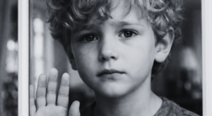 A child gazing through a window with a quiet, thoughtful expression, symbolizing hope, uncertainty, and longing for peace.