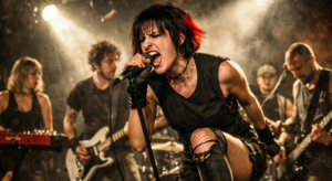 A passionate vocalist performing on stage, expressing determination, resilience, and the courage to keep moving forward despite setbacks.