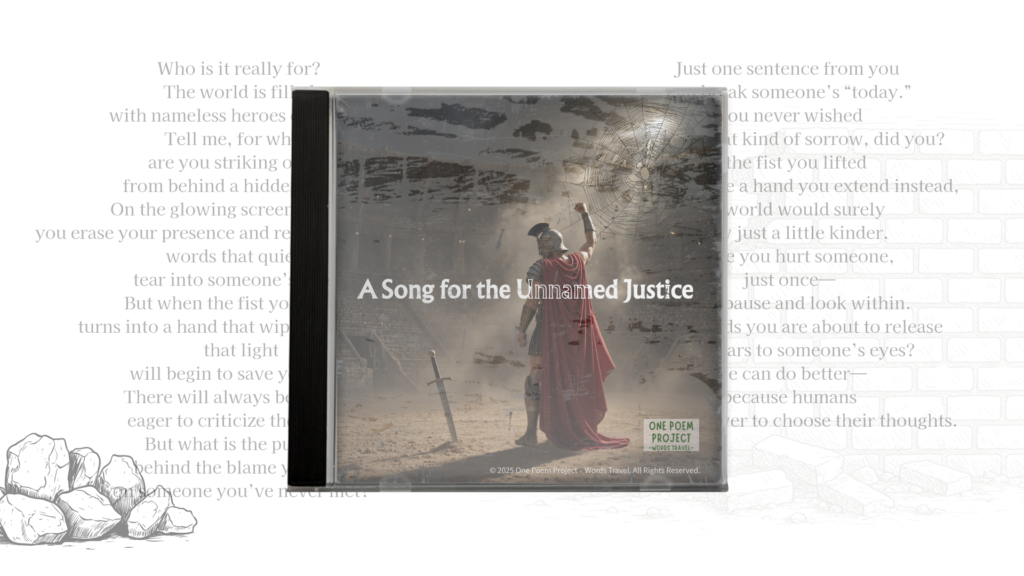 Album cover art for "A Song for the Unnamed Justice", featuring a lone warrior raising a sword beneath a fractured sky, symbolizing the search for true justice.