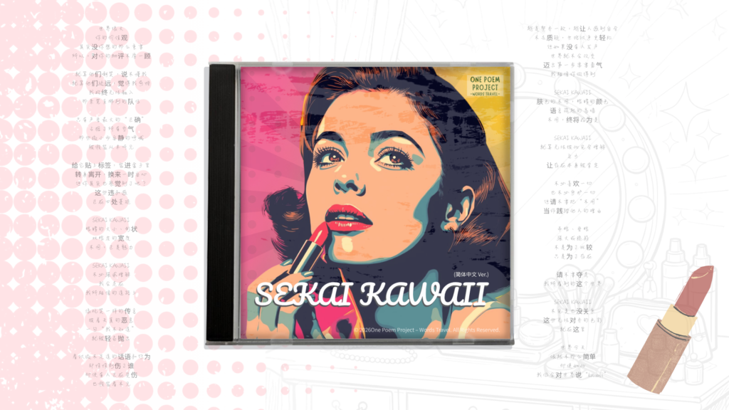 A colorful pop-art portrait of a woman applying lipstick, displayed as a CD jacket for the Simplified Chinese version of “SEKAI KAWAII,” with the Chinese poem in the background.