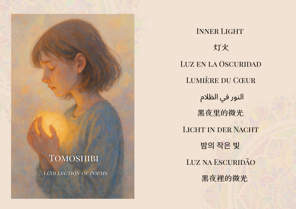 A young woman holding a small glowing light beside the title TOMOSHIBI and its translations in ten languages.