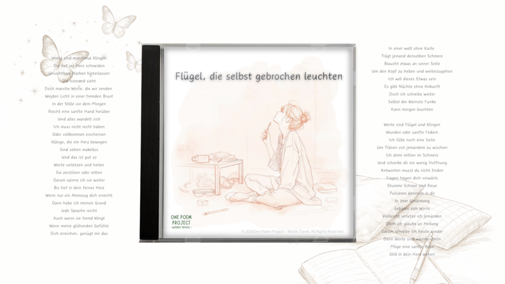 German jacket artwork for “Flügel, die selbst gebrochen leuchten,” featuring a woman with a pen, German verses, butterflies, and an open notebook.