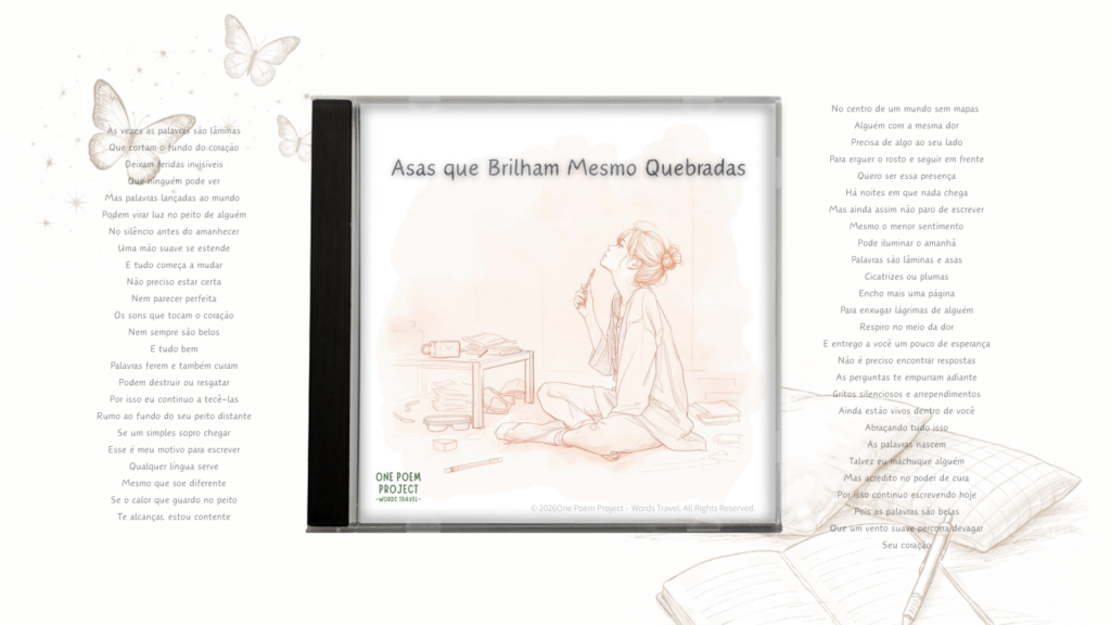 Portuguese jacket artwork for “Asas que Brilham Mesmo Quebradas,” featuring a woman with a pen, Portuguese verses, butterflies, and an open notebook.