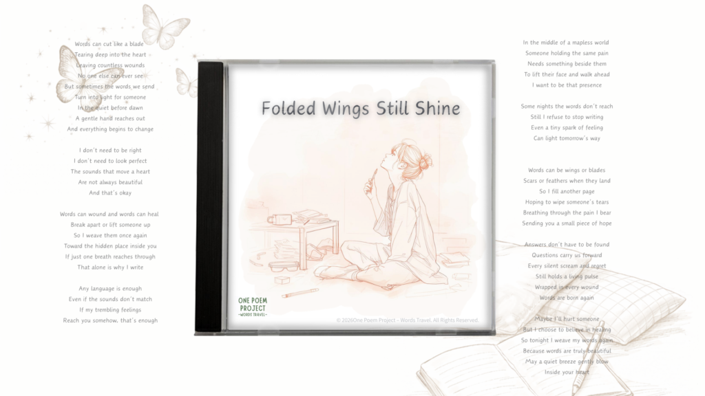 English jacket artwork for “Folded Wings Still Shine,” featuring a woman sitting with a pen, surrounded by the poem, butterflies, and an open notebook.
